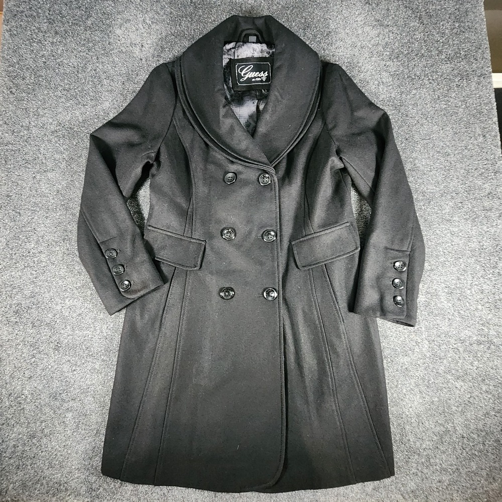 GUESS Women's Pea Coat Size XL‎ Black Wool Blend Lined Double Breasted Shawl